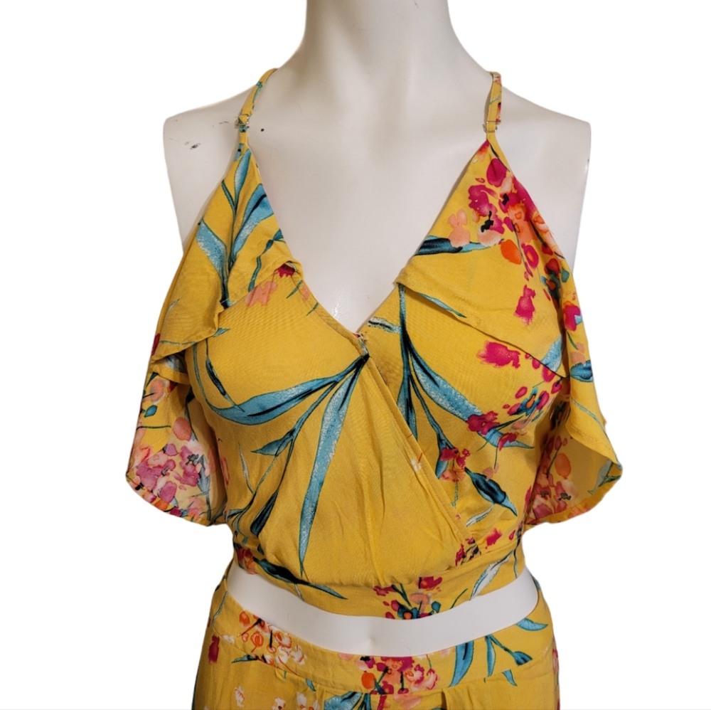 Love Tree medium yellow floral cross front cold shoulder ruffle cropped Top
